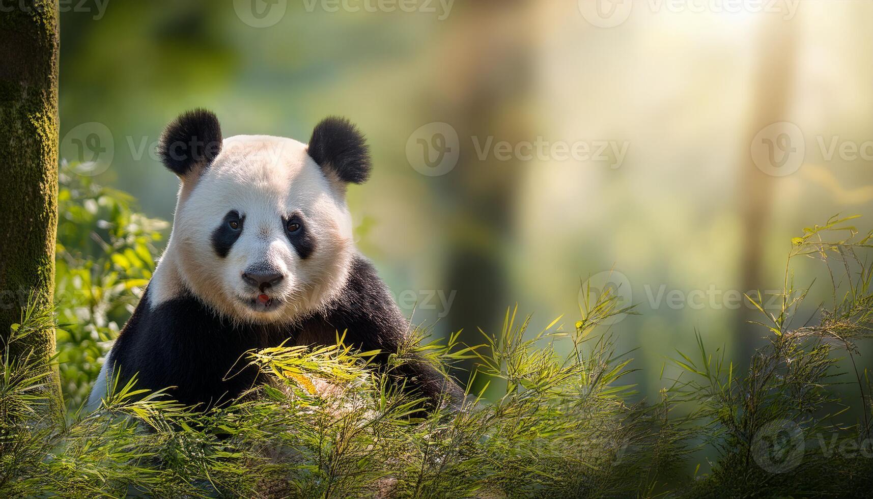 giant panda bear, The panda is expressive eyes and distinctive black and white fur stand out against the soft, natural light filtering through the trees, Portrait of a giant panda photo