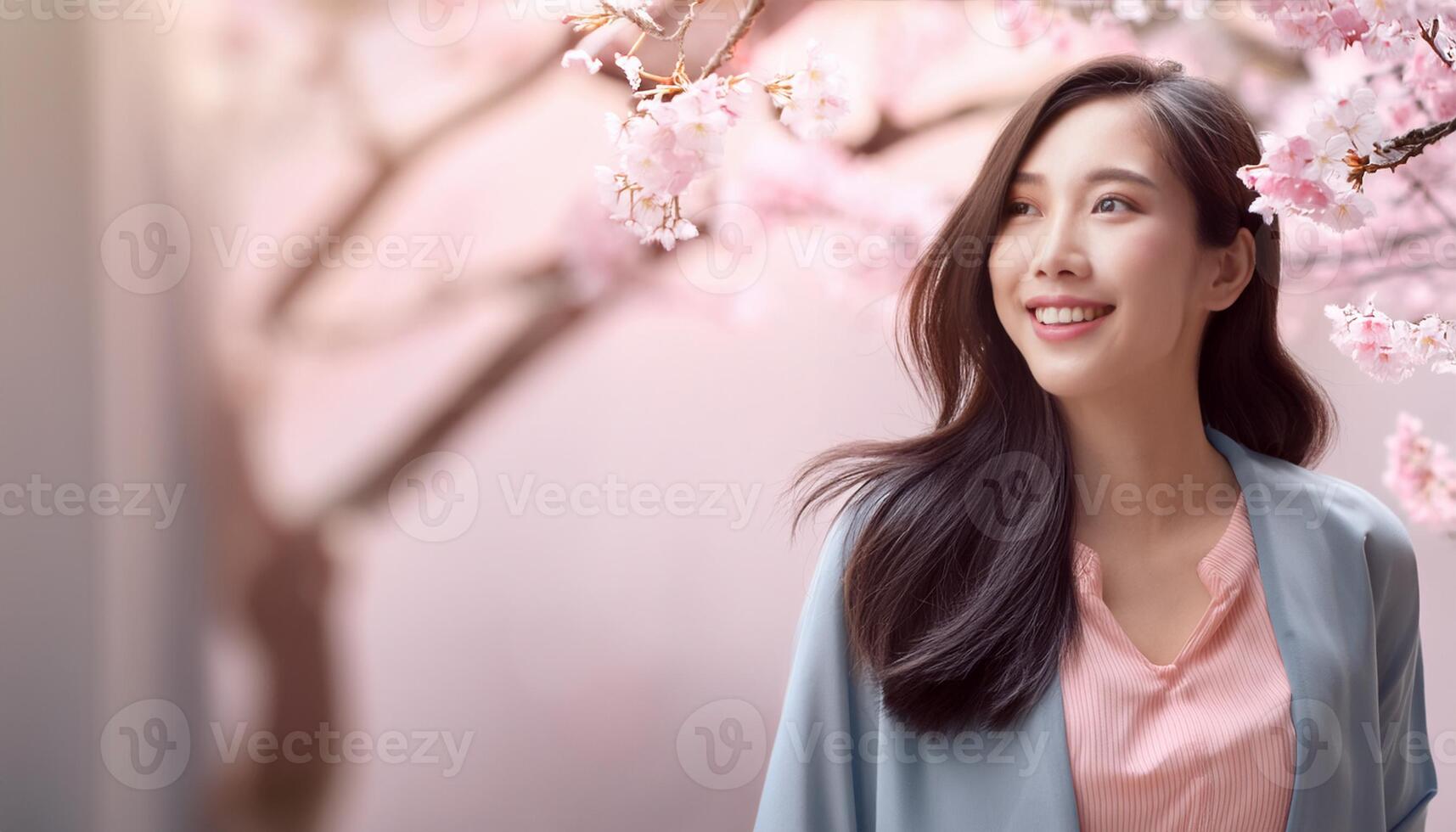 A beautiful Asian girl smiling happily, radiating joy and positivity. The image captures her genuine and cheerful expression, making it ideal for content related to happiness, positive emotions photo