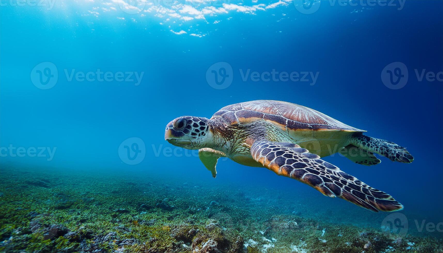 turtle's detailed shell and serene expression create a peaceful and captivating scene, emphasizing the beauty of marine life, Underwater photograph of a sea turtle gracefully swimming through ocean photo