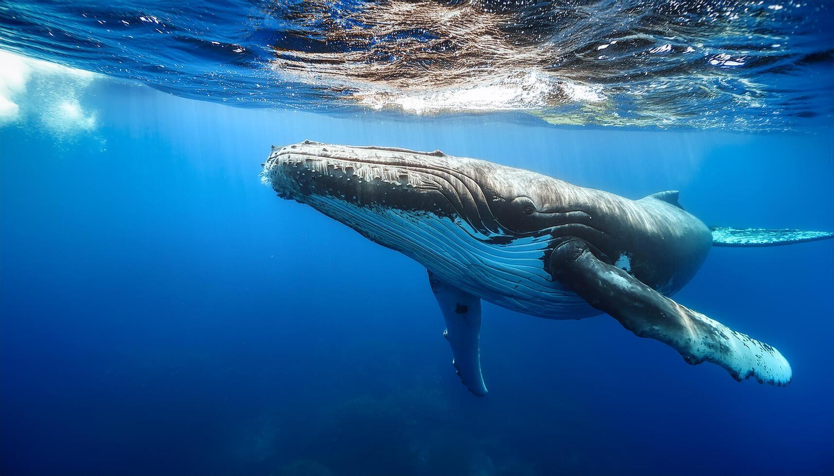 whale swimming gracefully beneath the ocean surface. The deep blue water surrounds the whale, highlighting its immense size and serene presence. The sunlight filtering, grandeur of marine life photo