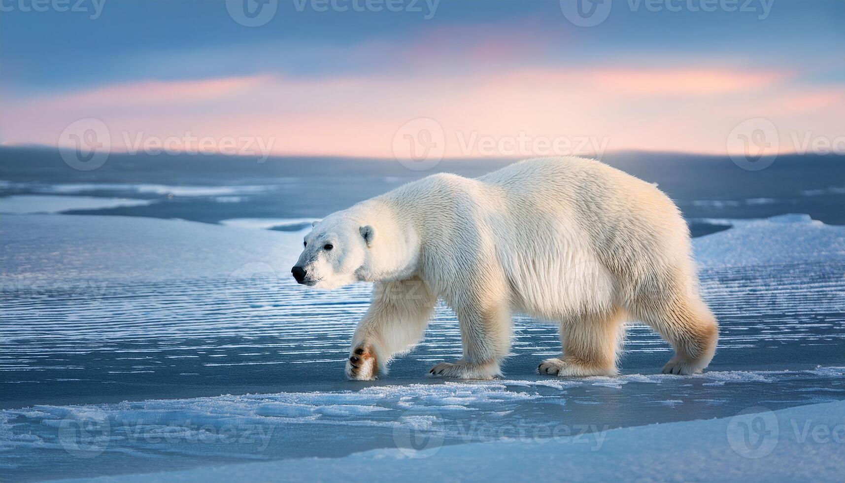A majestic polar bear walking across the icy landscape of the Arctic, highlighting the importance of wildlife conservation and the impact of climate change on these vulnerable ecosystems photo
