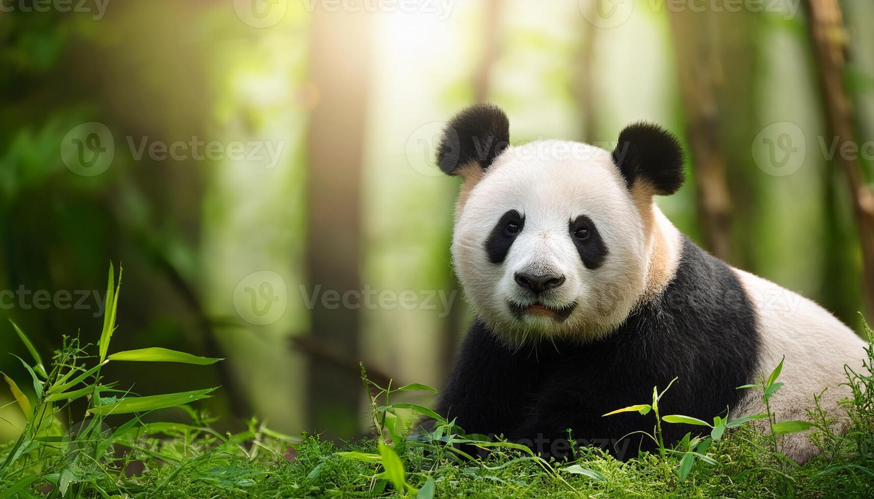 giant panda bear, The panda is expressive eyes and distinctive black and white fur stand out against the soft, natural light filtering through the trees, Portrait of a giant panda photo