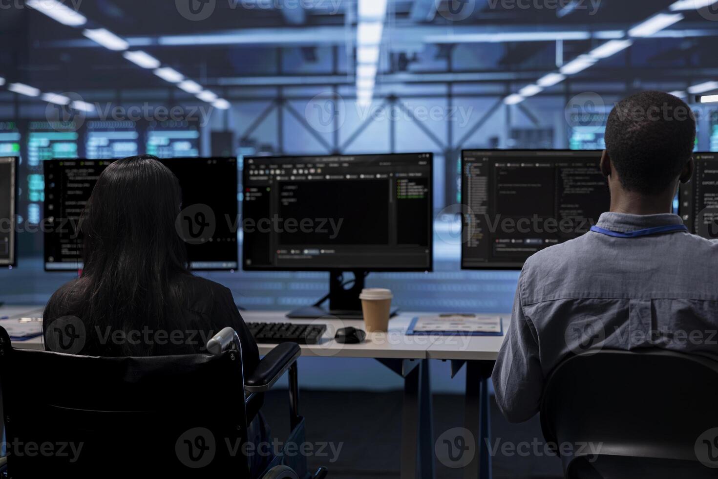 Person with disability and coworker in inclusive server room facility ensuring data remains shielded from threats. Wheelchair user and colleague protecting data center hardware equipment photo