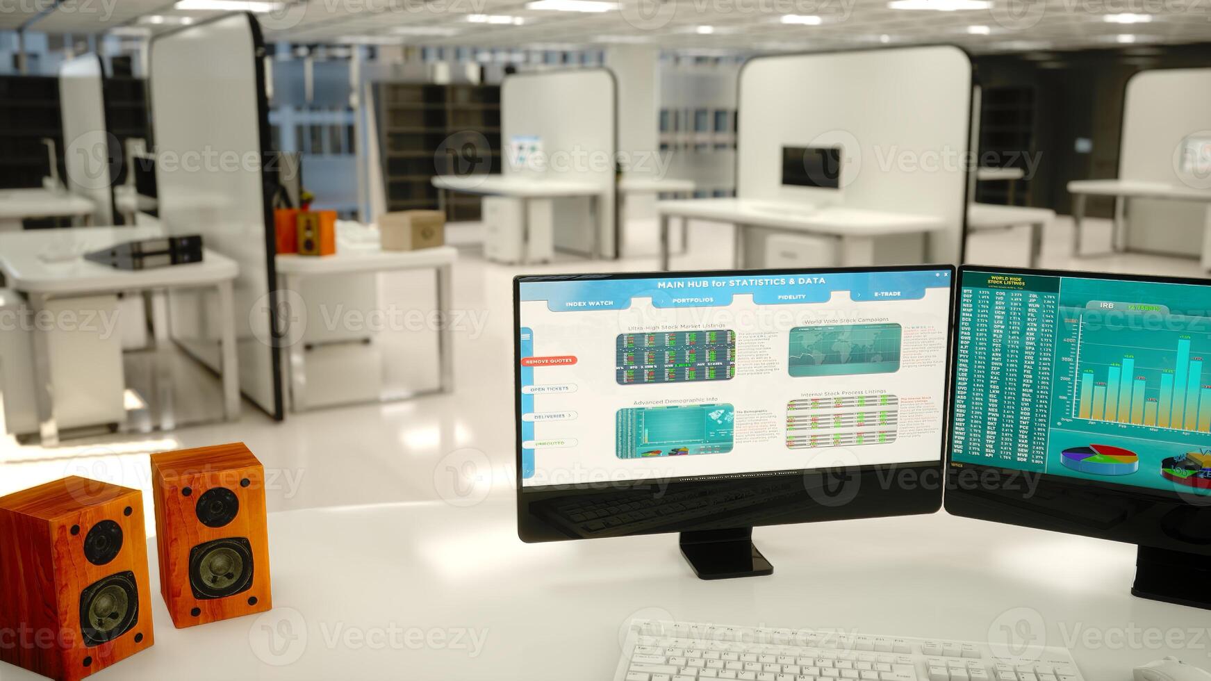 White modern open office area with sleek partitioned desks and luxurious work cubicles. Representing a contemporary and efficient business environment within a high end building. photo