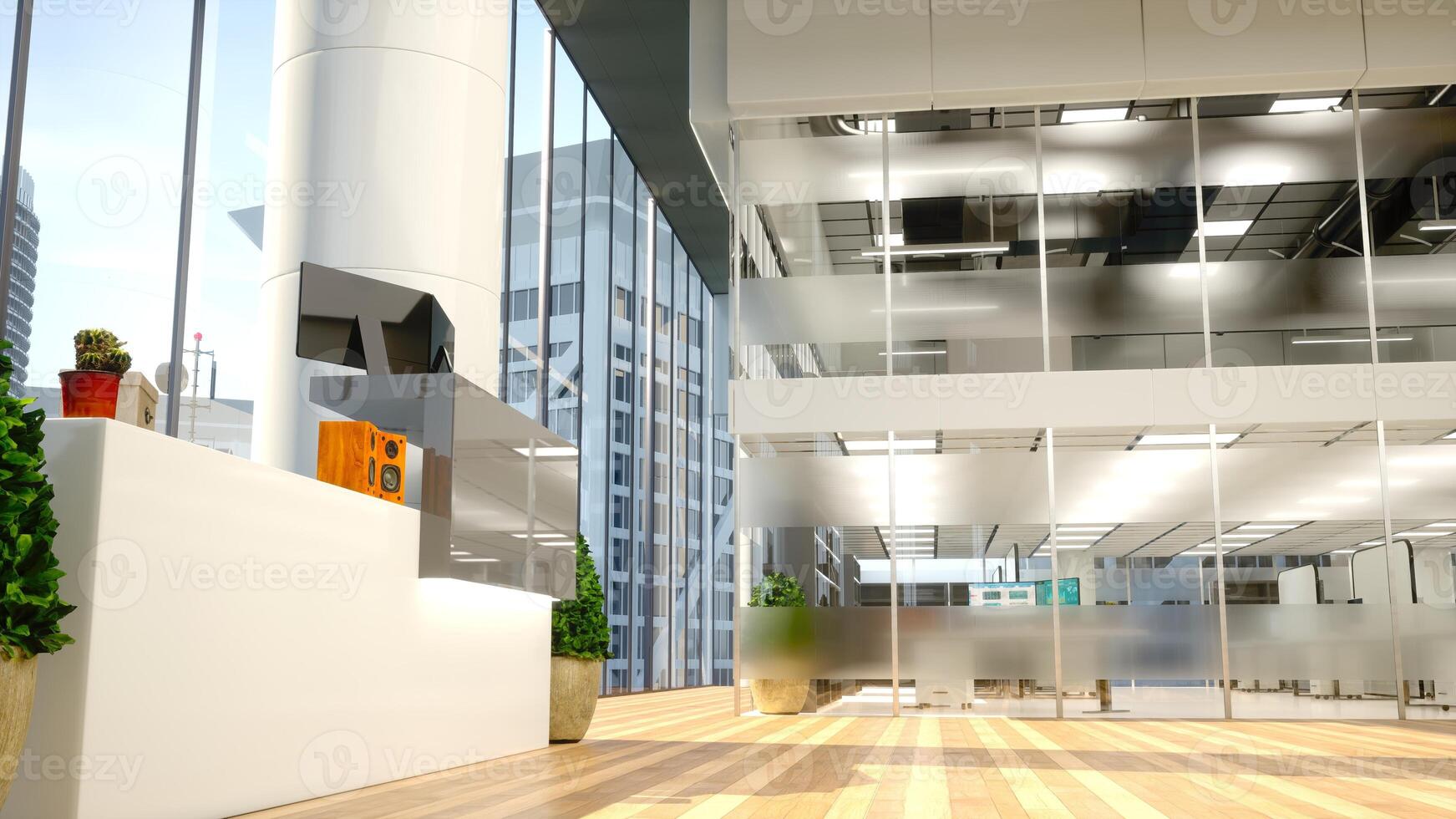 Professional office lobby with contemporary architecture and stylish interior design. Large windows offer an open view of the city, sleek furnishings and plants add comfort and elegance. photo