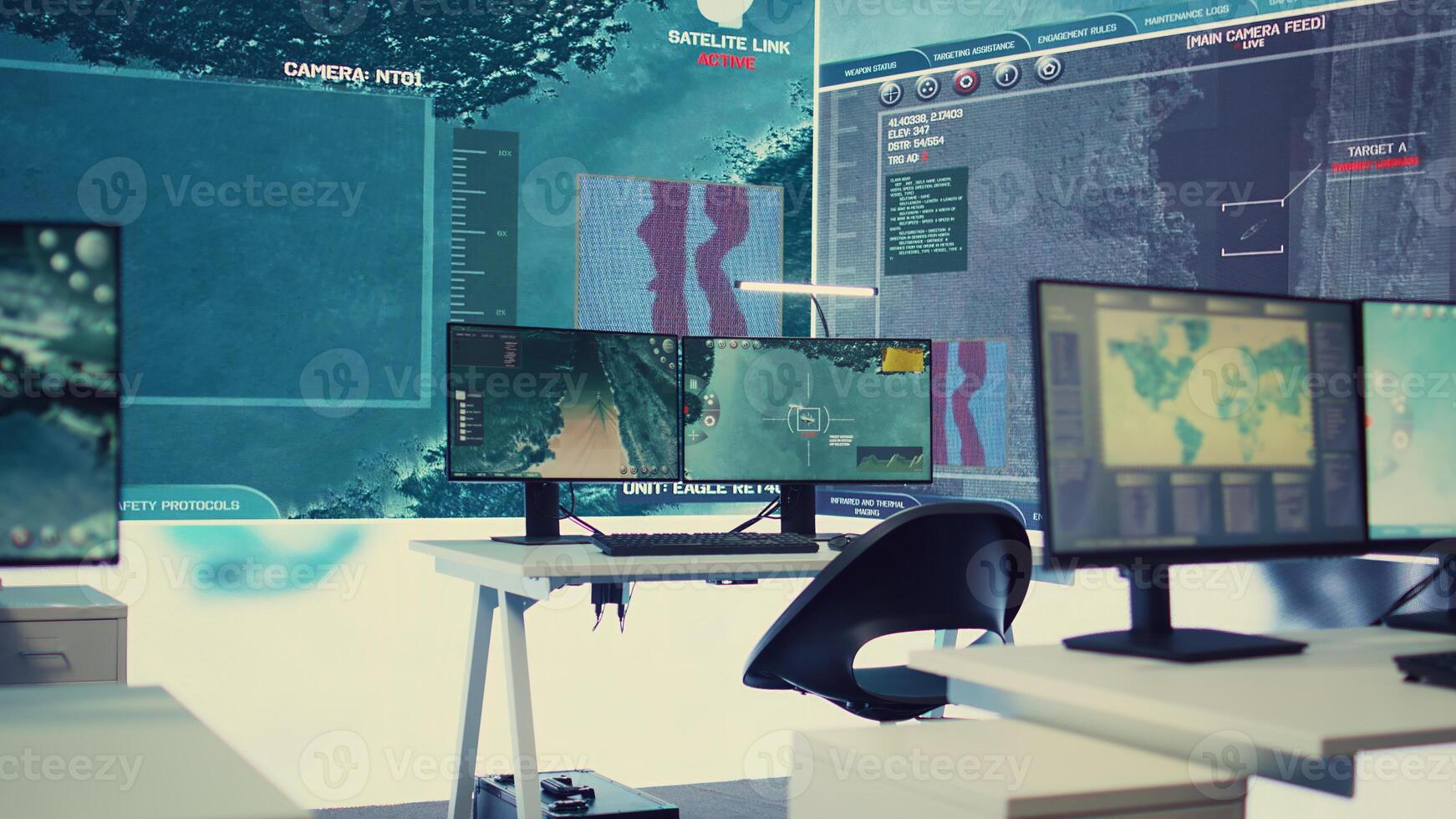 Military control center used in following global threats on a big display, empty federal intelligence agency deals with national safety alerts. Government service operations room with high tech. photo