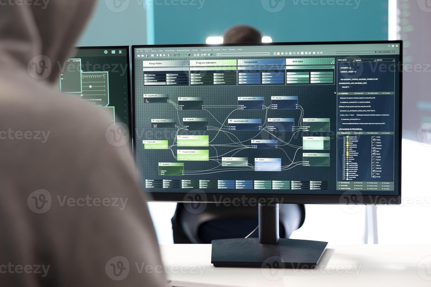 Governmental hackers team performing a cyber attack on database servers to gather intelligence during cyberwarfare activity. Experts working on IT security against malicious scams. photo