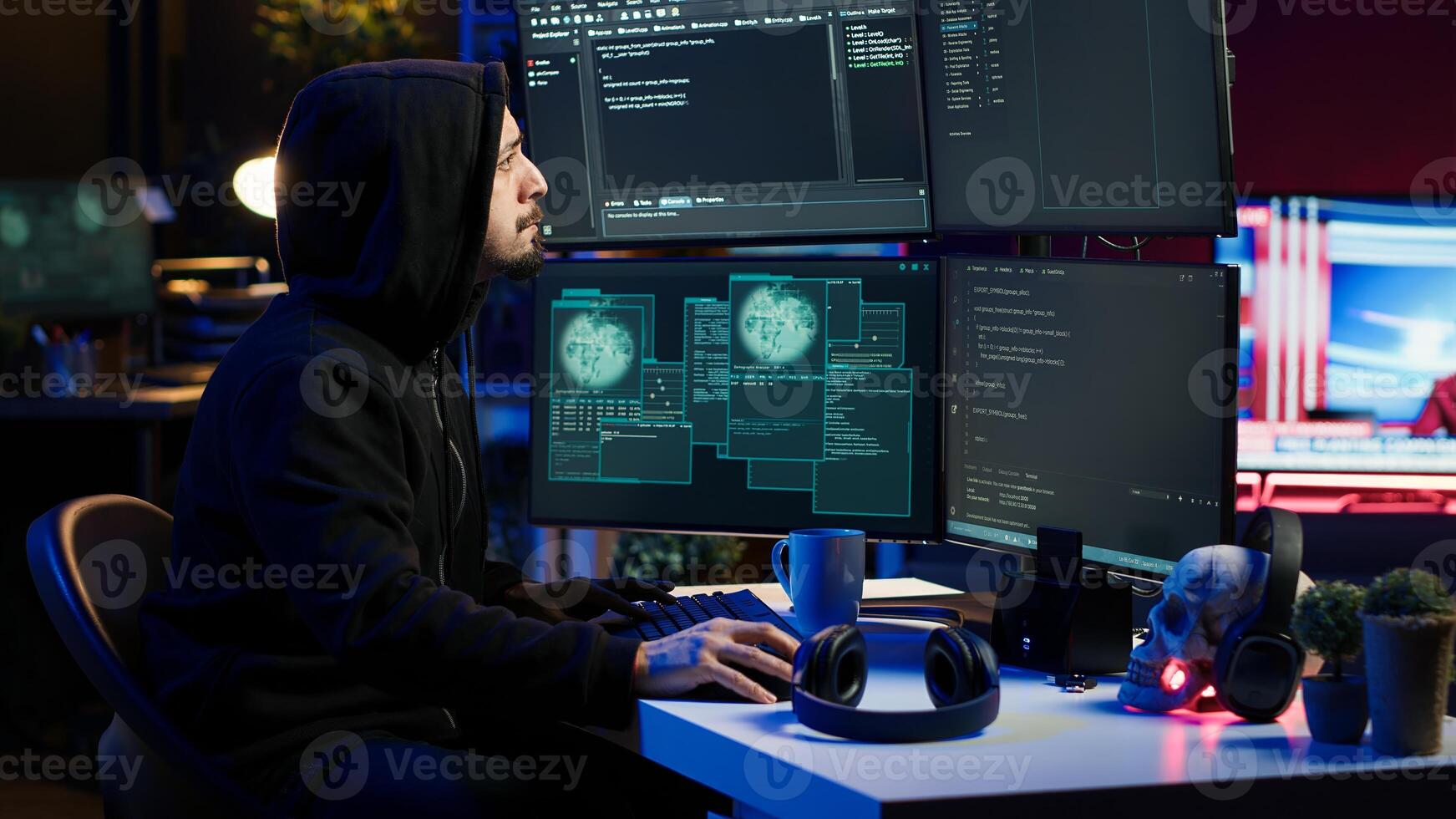 Hacker stealing credit card numbers while listening music through headphones. Evil developer programming in apartment, infiltrating banking systems, hearing songs, camera A photo