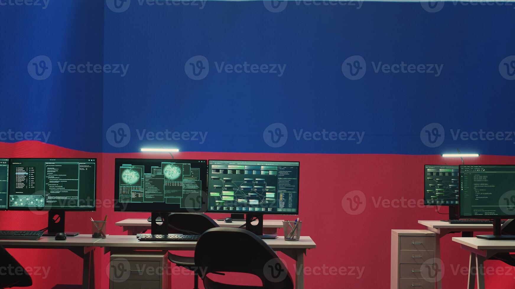 Empty governmental hacking room with Russian flag on big screen, highlighting cyber terror and misinformation. Russian federation manipulating with disinformation campaigns. Hybrid warfare. Camera A. photo