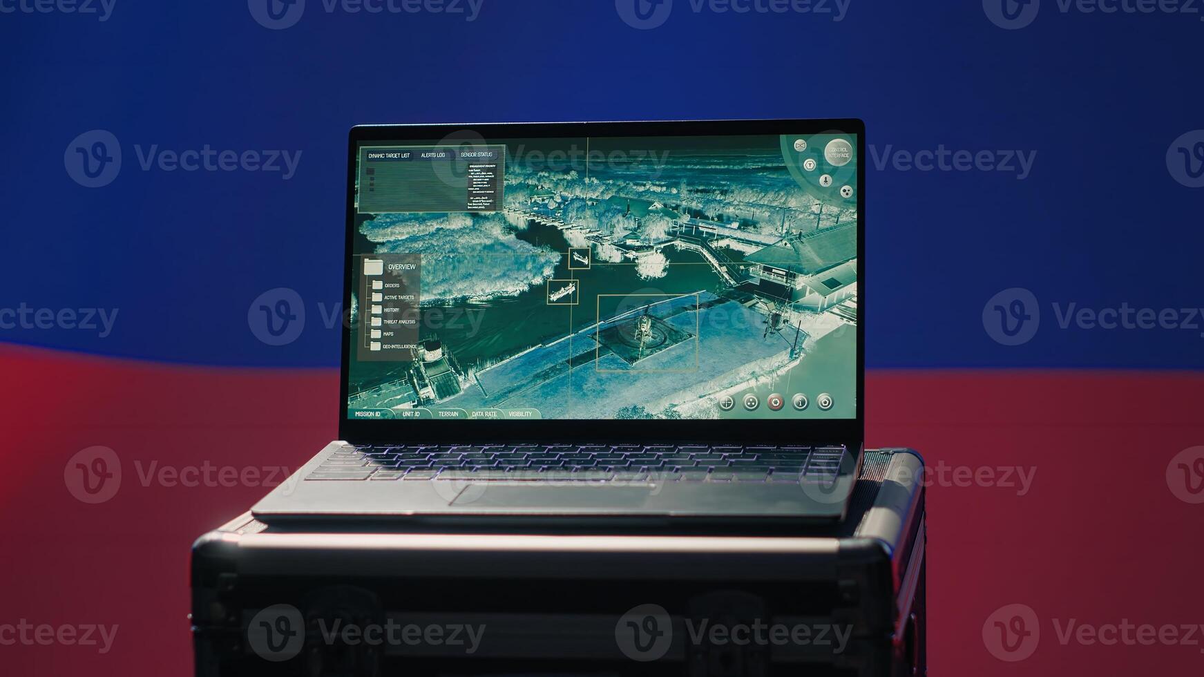 Russian Federal Security Service using radar system to detect ballistic missiles attacking borders. Kremlin regime army using notebook to scan approaching rockets, deploying shields, camera A photo