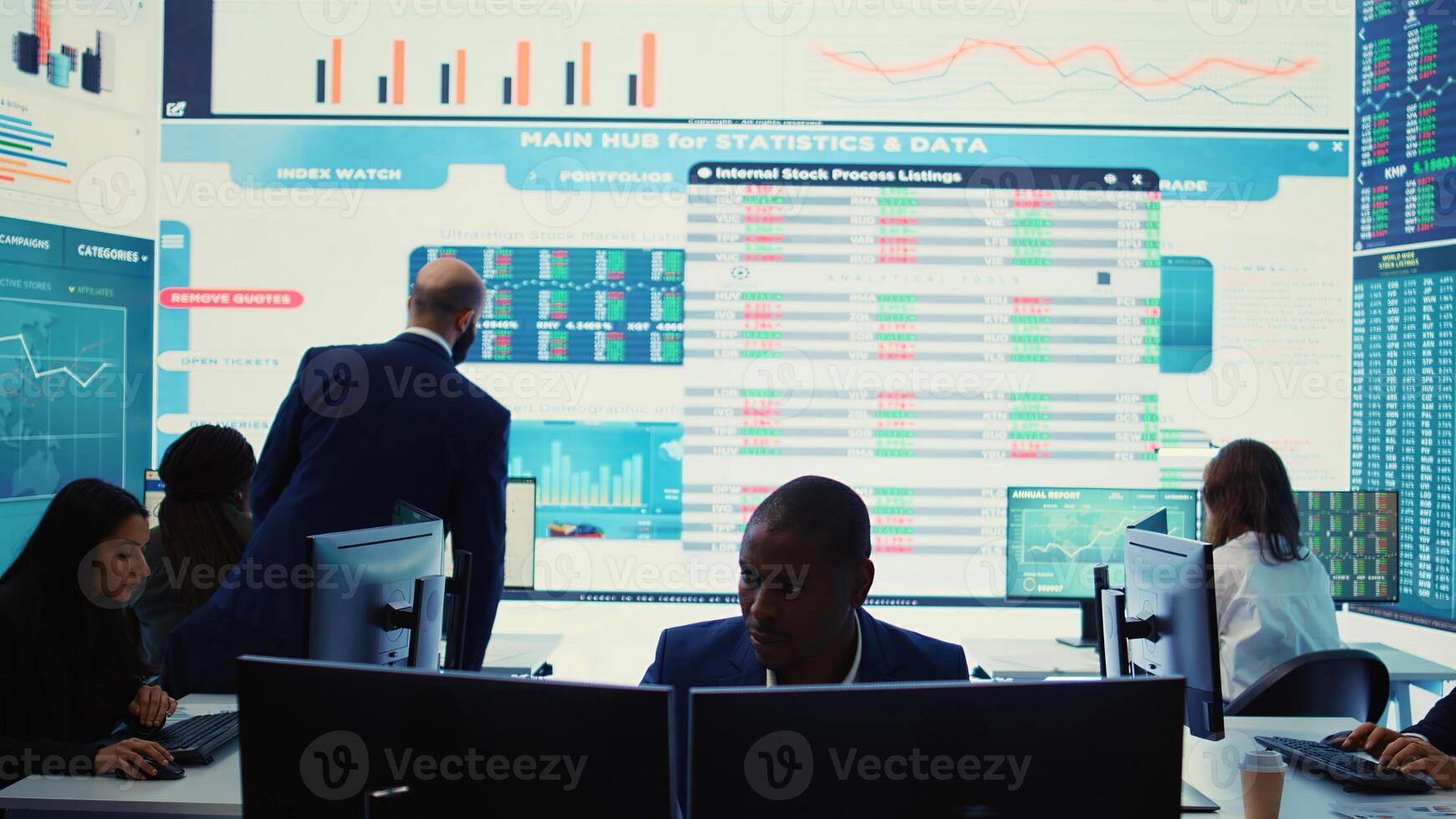 Financial manager implementing new ideas to increase business profit, evaluating market trends to create a strategy for global expansion. Accounting specialist explores possibilities. Camera B. photo