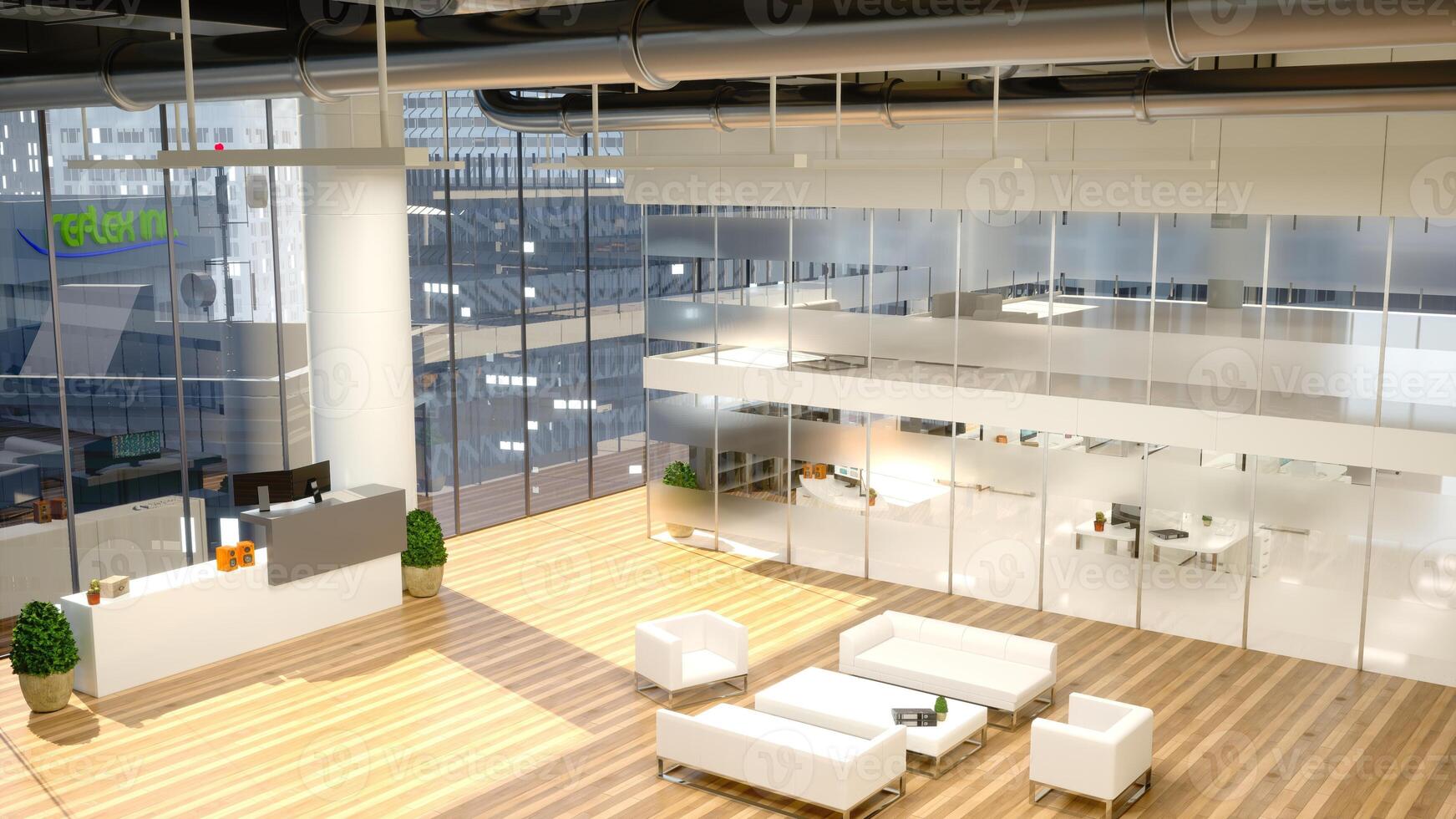 High end corporate lobby with a modern reception desk and spacious layout. Bright interior, natural light and panoramic city views create a comfortable and professional business environment. photo