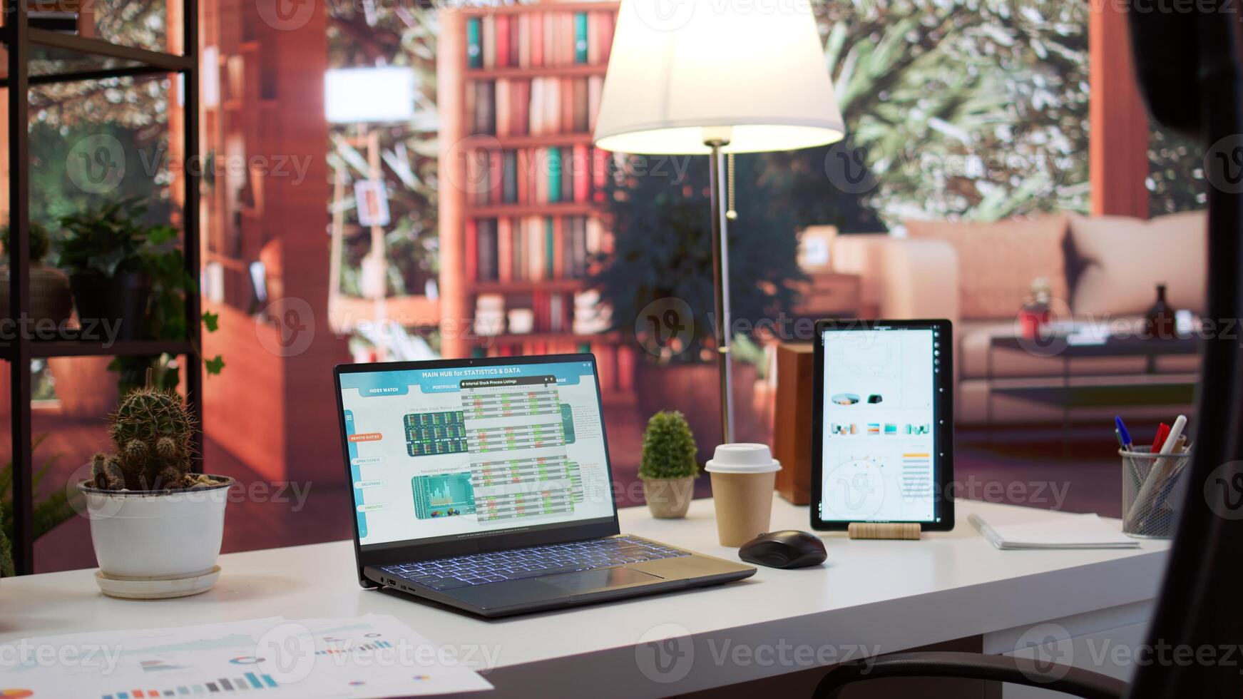 Empty business entrepreneur office setup at home with personal computer and documents showing financial data for startup development. Remote work planning for enterprise growth. photo