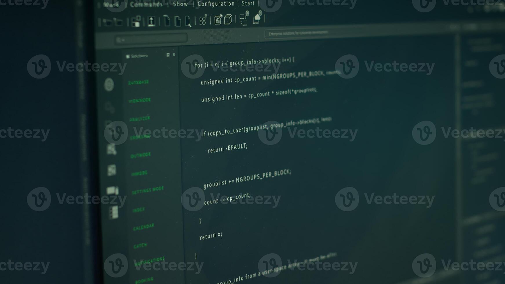 Close up of lines of code running on computer display in modern data center, monitoring security threats. PC software open on monitor used by server hub employees ensuring compliance with regulations photo