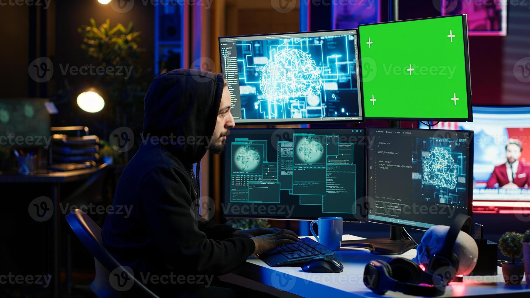 Hacker using green screen PC and AI to find unpatched connections and steal data. Scammer using artificial intelligence and chroma key computer to compromise digital devices, camera A photo