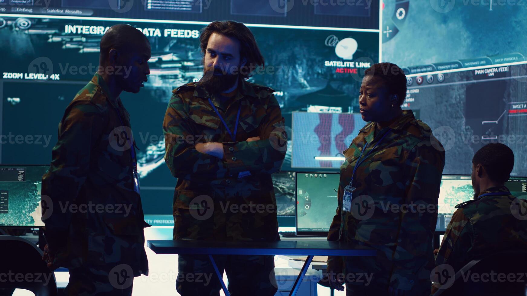 Brigadier general and his staff studying radar data on a holographic image, working with artificial intelligence and holography in a military base of operations. Ensure national safety. Camera A. photo