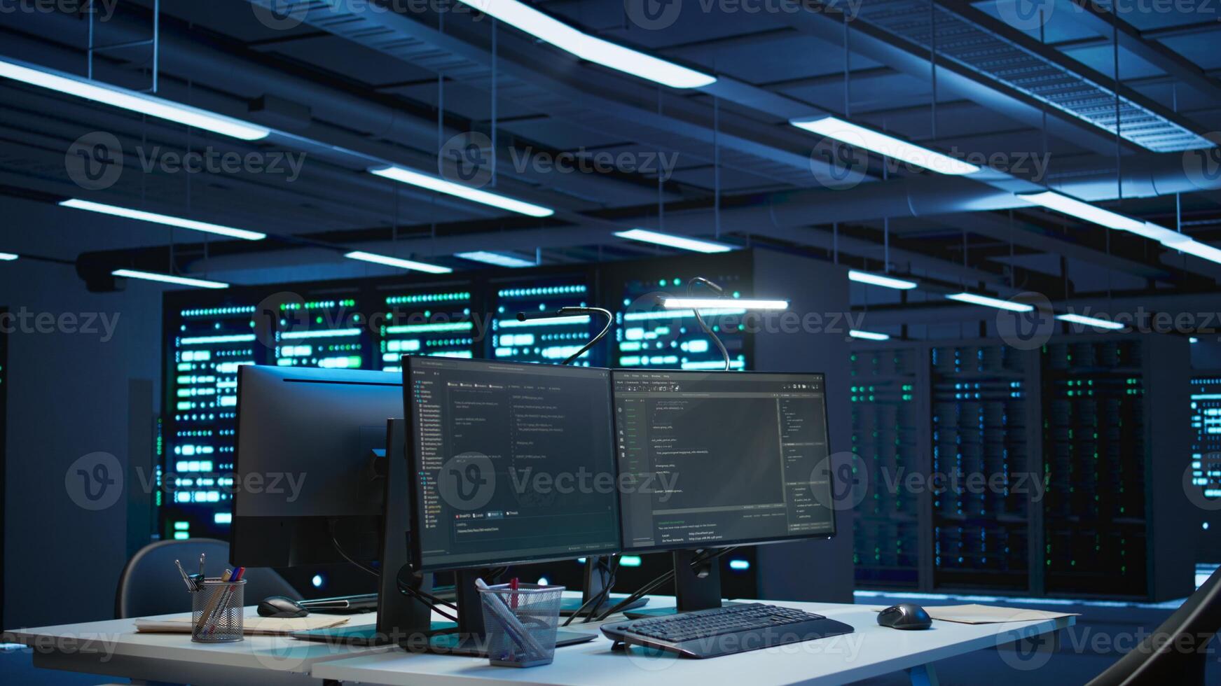 Server rows and computer used to ensure optimal performance and reliability, managing gear. High tech data center facility used for overseeing network connections, panning shot photo