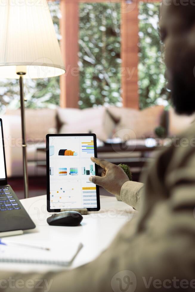 Chief financial officer examining expansion details to achieve enterprise goals, working on resources allocation. Businessman increasing the startup budget at home office. Close up. photo