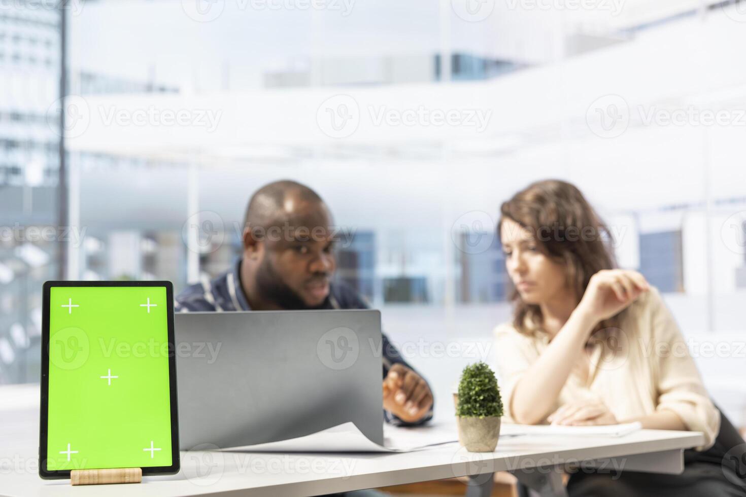 Client meeting with woman contractor to establish leasing an office space, negotiating contract terms and securing a deal. Realtor gives an investment opportunity to business entrepreneur. photo