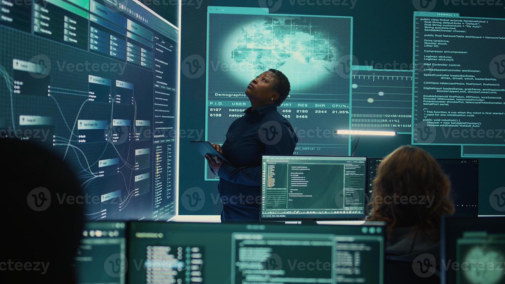 Professional IT expert working in a governmental security operations center, analyzing data on a big screen. Highlighting the importance of cyber security monitoring and threat analysis. Camera B. photo