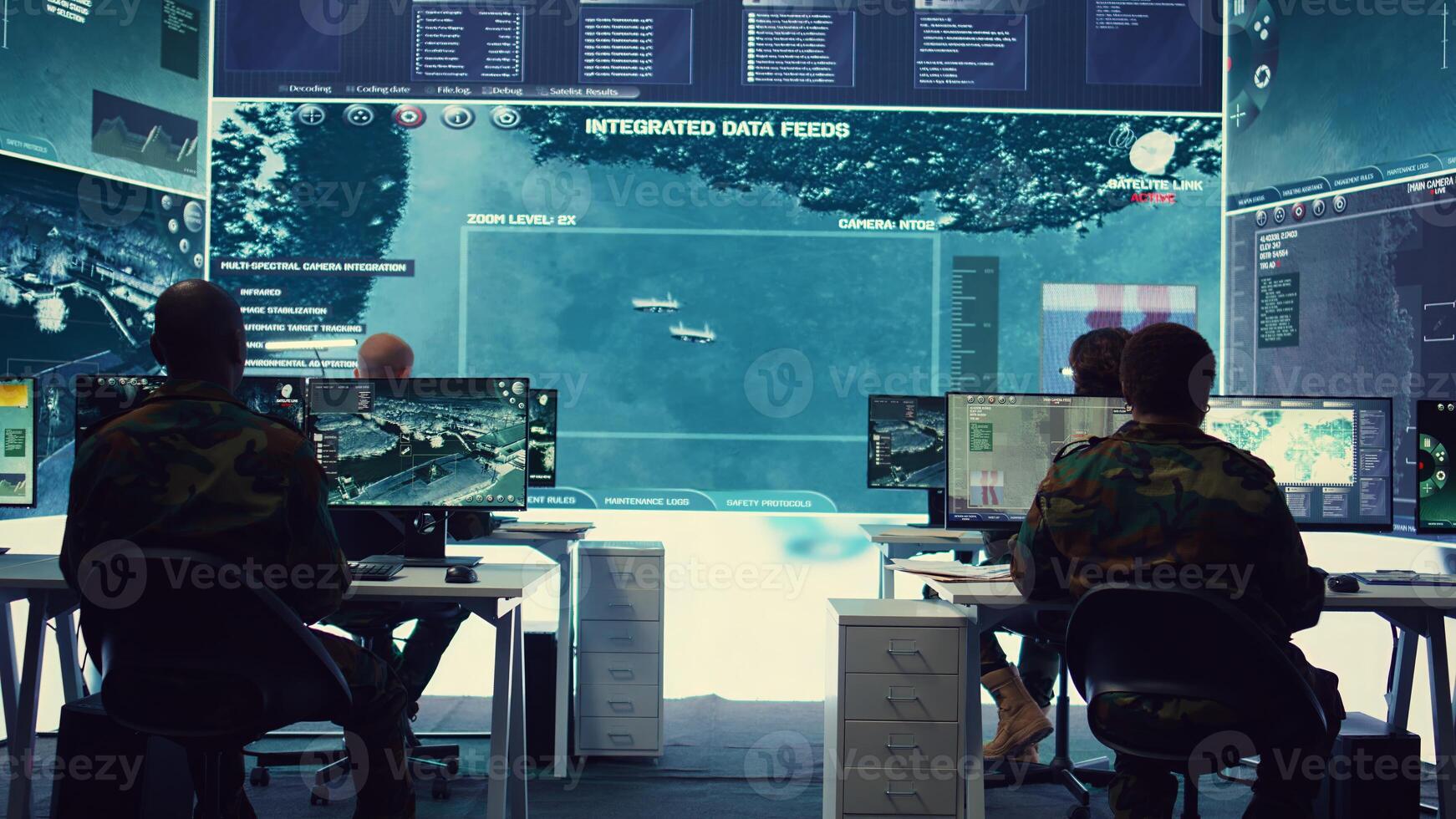 Group of soldiers managing air and sea traffic control for military operations success, working together in federal command post. National surveillance systems using satellite radar. Camera B. photo