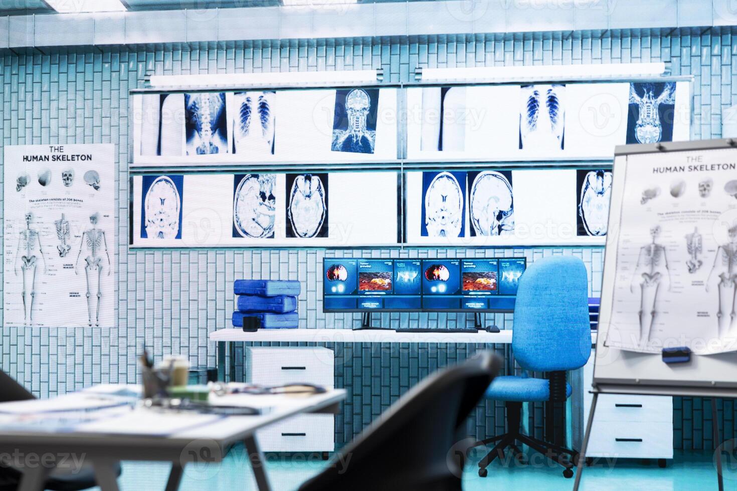 Empty medical cabinet equipped with modern equipment designed to help in finding the right diagnostic, x ray machine and hospital records. Private clinic office space for healthcare industry. photo