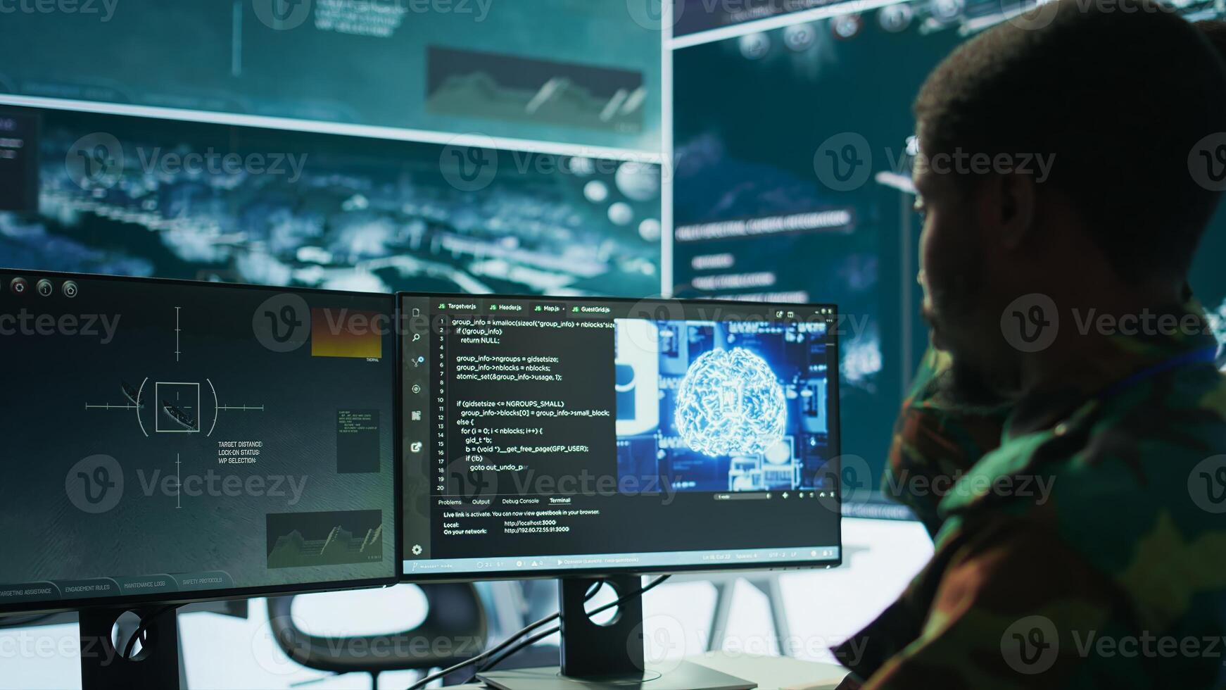 IT programming technician gathering information via neural network and artificial intelligence, employing programming language and new technology to help army operations. Deep learning. Camera B. photo