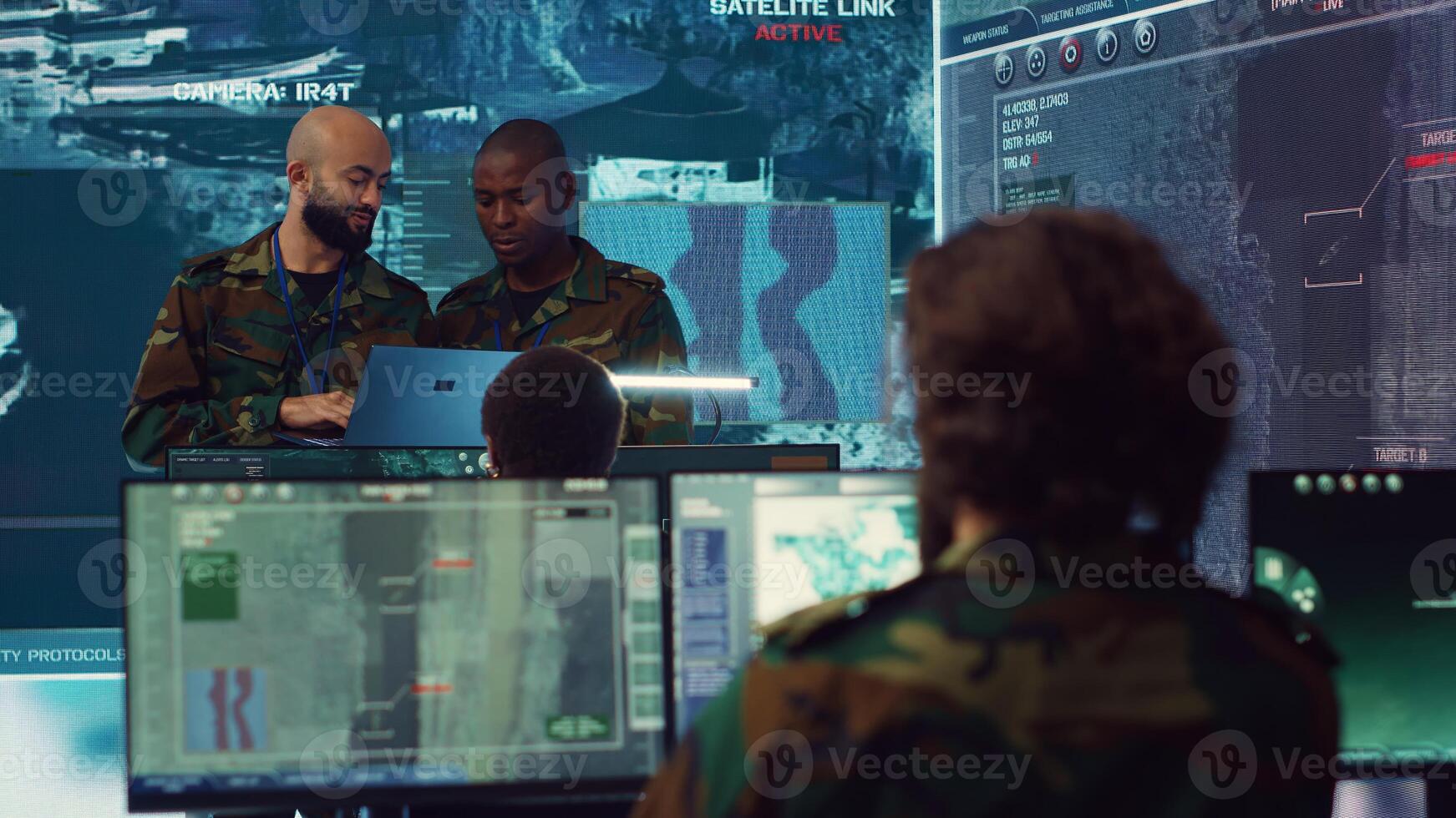 Army officers providing details for a new national safety mission, diverse team briefing their soldiers in a military base of operations. Specialists working with reconnaissance big data. Camera A. photo
