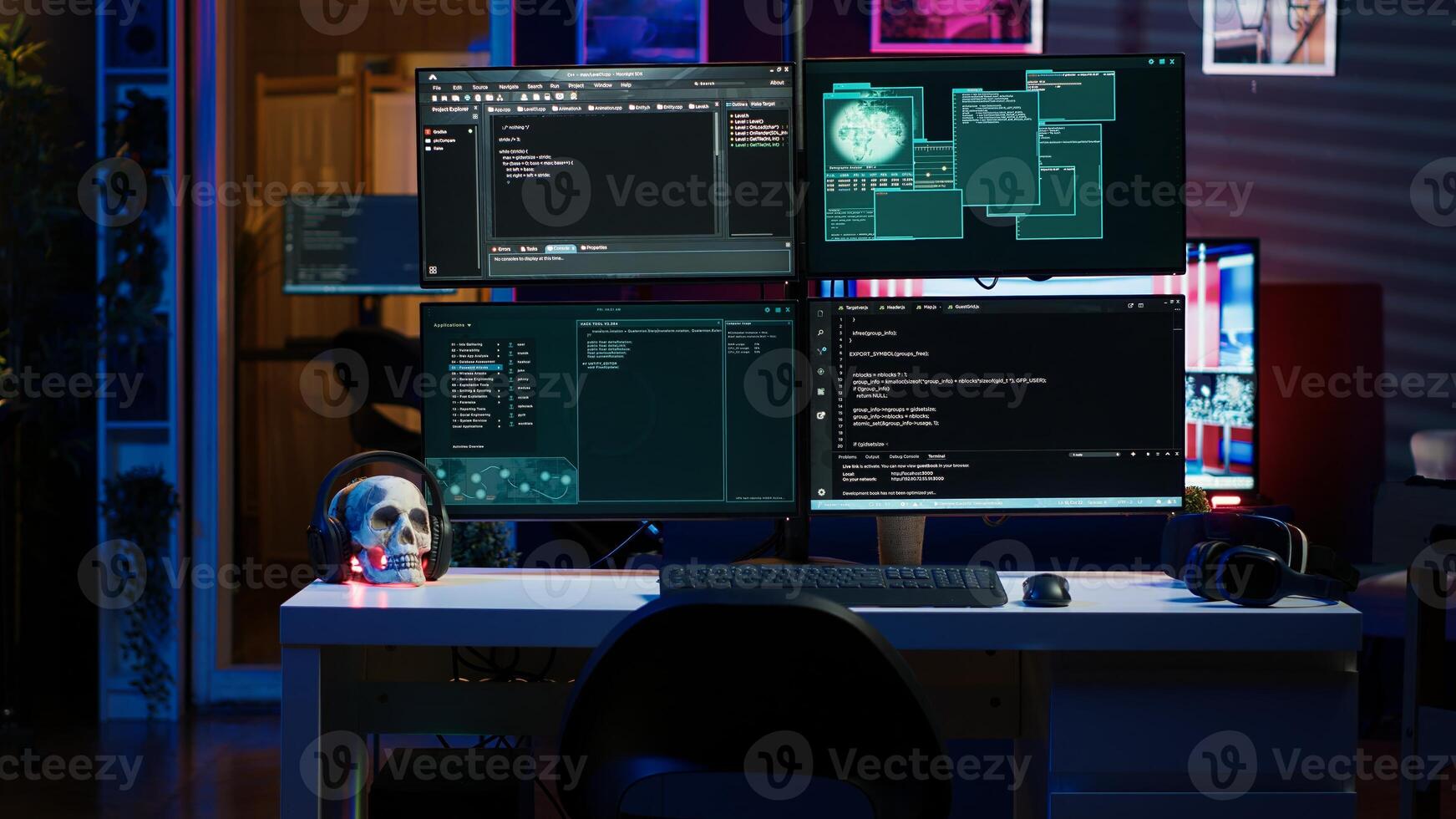 Lines of code running on PC in empty hidden apartment, used by hacker to steal data by targeting unpatched security systems, compromising digital devices, attacking firewalls photo