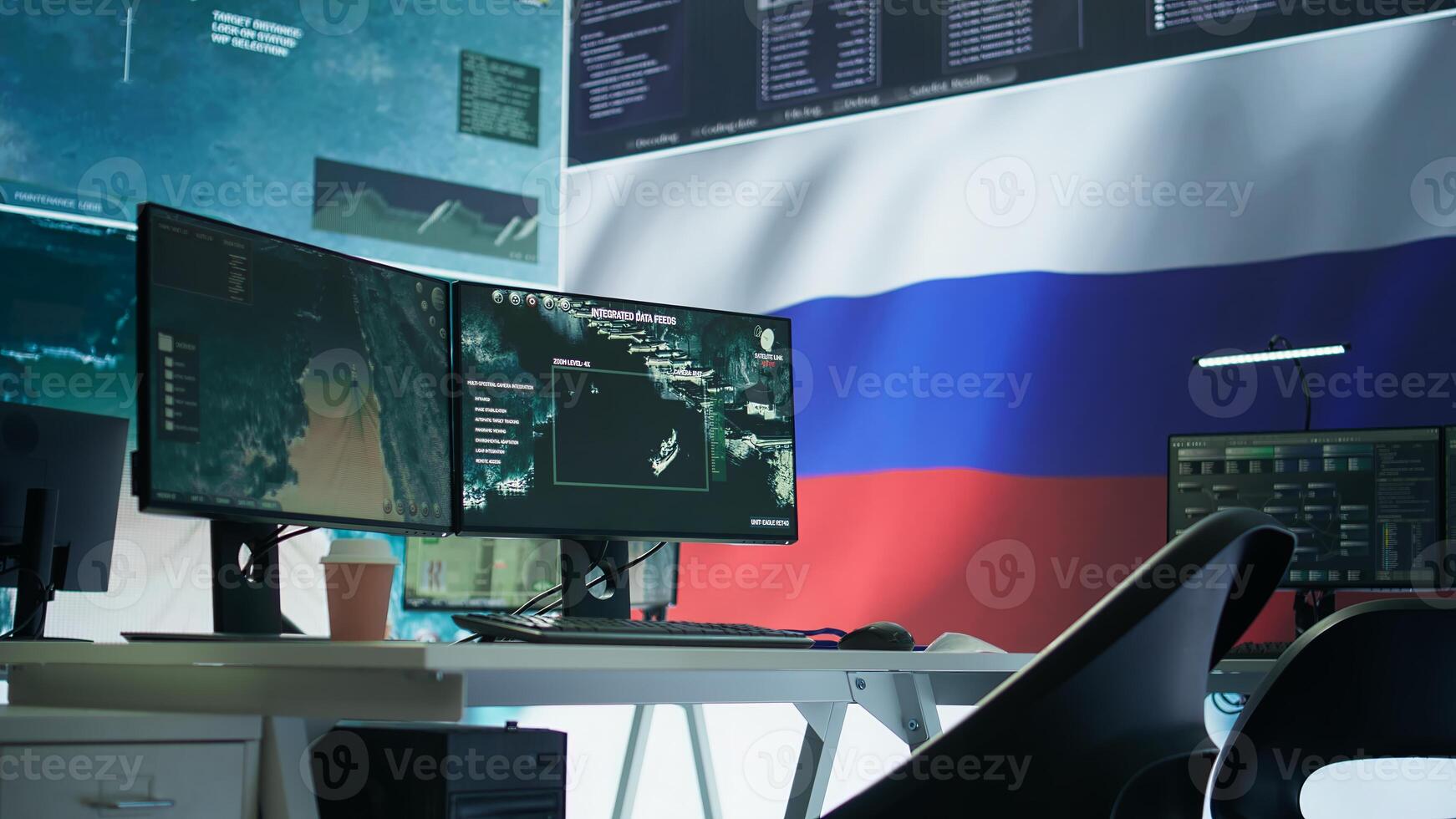 Empty army command post with the russian flag running on big screen, russian federation and government working on propaganda to spread fake news among the population. Camera B. photo
