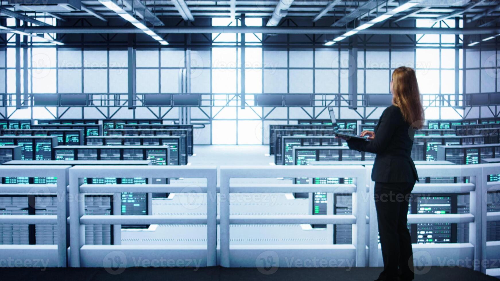 Computer scientist doing maintenance, inputting data on laptop of needed fixes in server hub. Person working in data center housing data storage gear supporting IT workloads, camera B photo