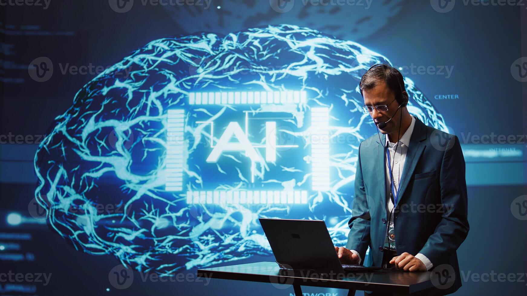 Engineer in artificial intelligence workplace managing call center tasks, speaking into headset. AI company worker chatting with customers through headphones mic, camera B photo