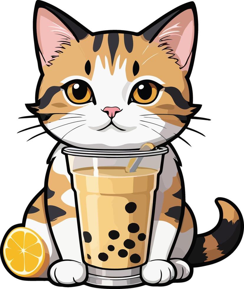Aegean cat of beautiful pet is holding juice glass illustrations vector