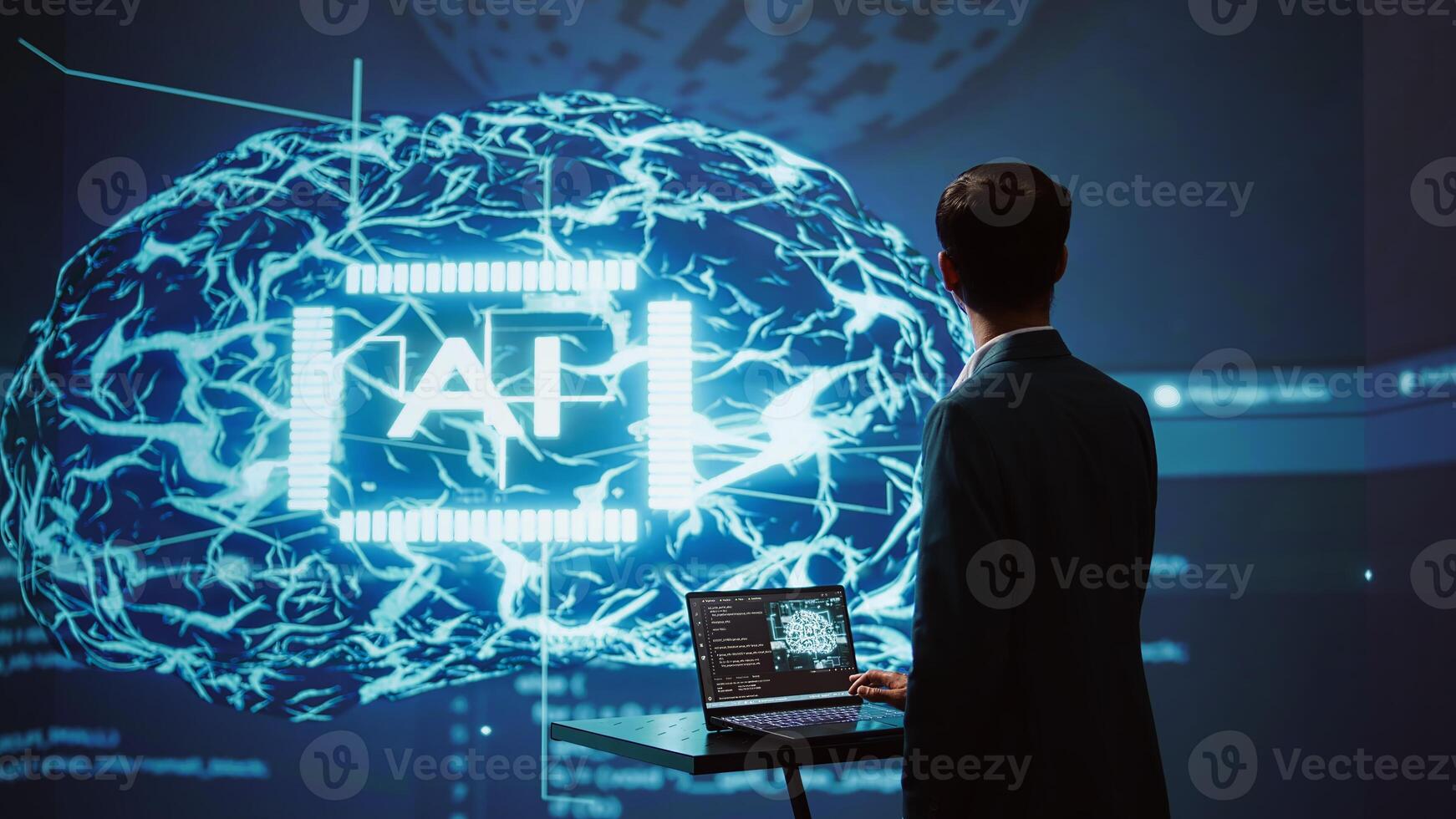 System administrator uses neural networks modeled after human brain to solve complex problems. AI researcher in futuristic workspace using artificial intelligence to look at data, camera B photo