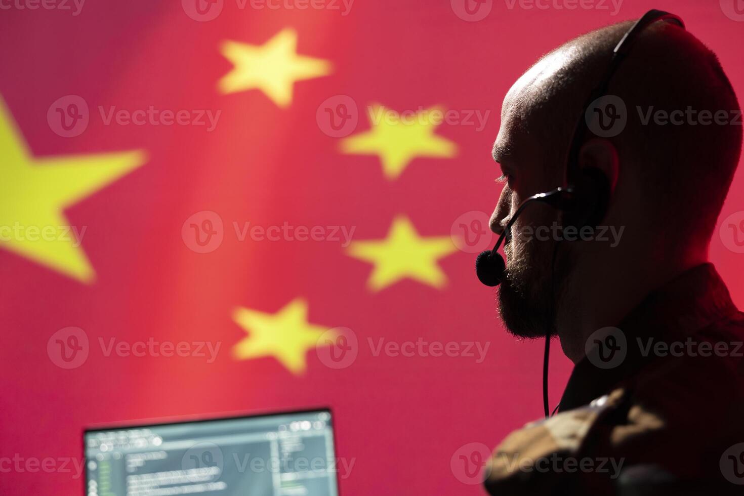 Chinese army communication systems operator using radio and satellite equipment, providing combat support. Military dispatcher managing communications networks, isolated over China flag photo
