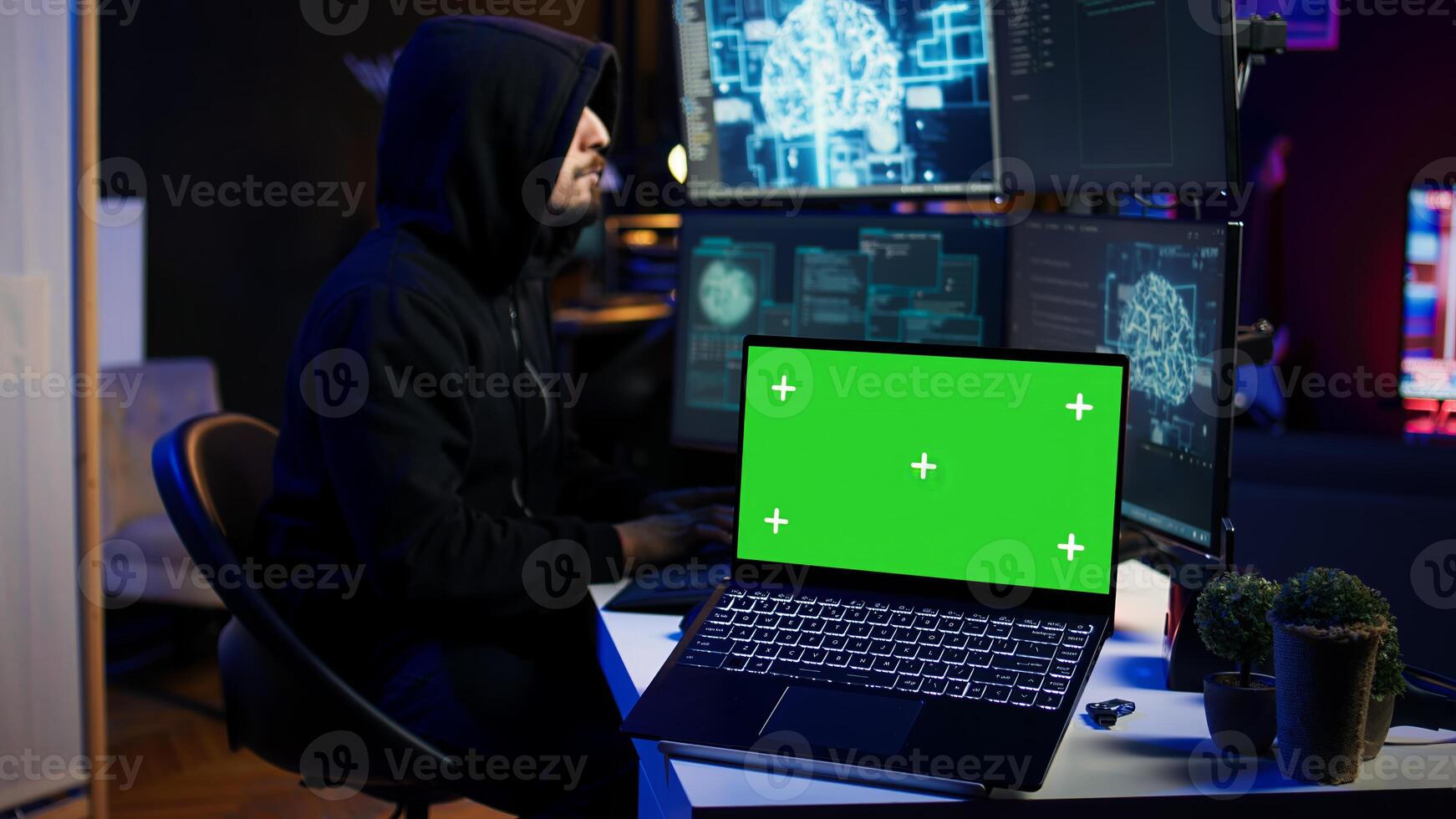 Isolated screen laptop used by cybercriminal in underground hideout to write lines of code and malware scripts. Mockup notebook used by evil programmer in hidden bunker, close up shot, camera B photo