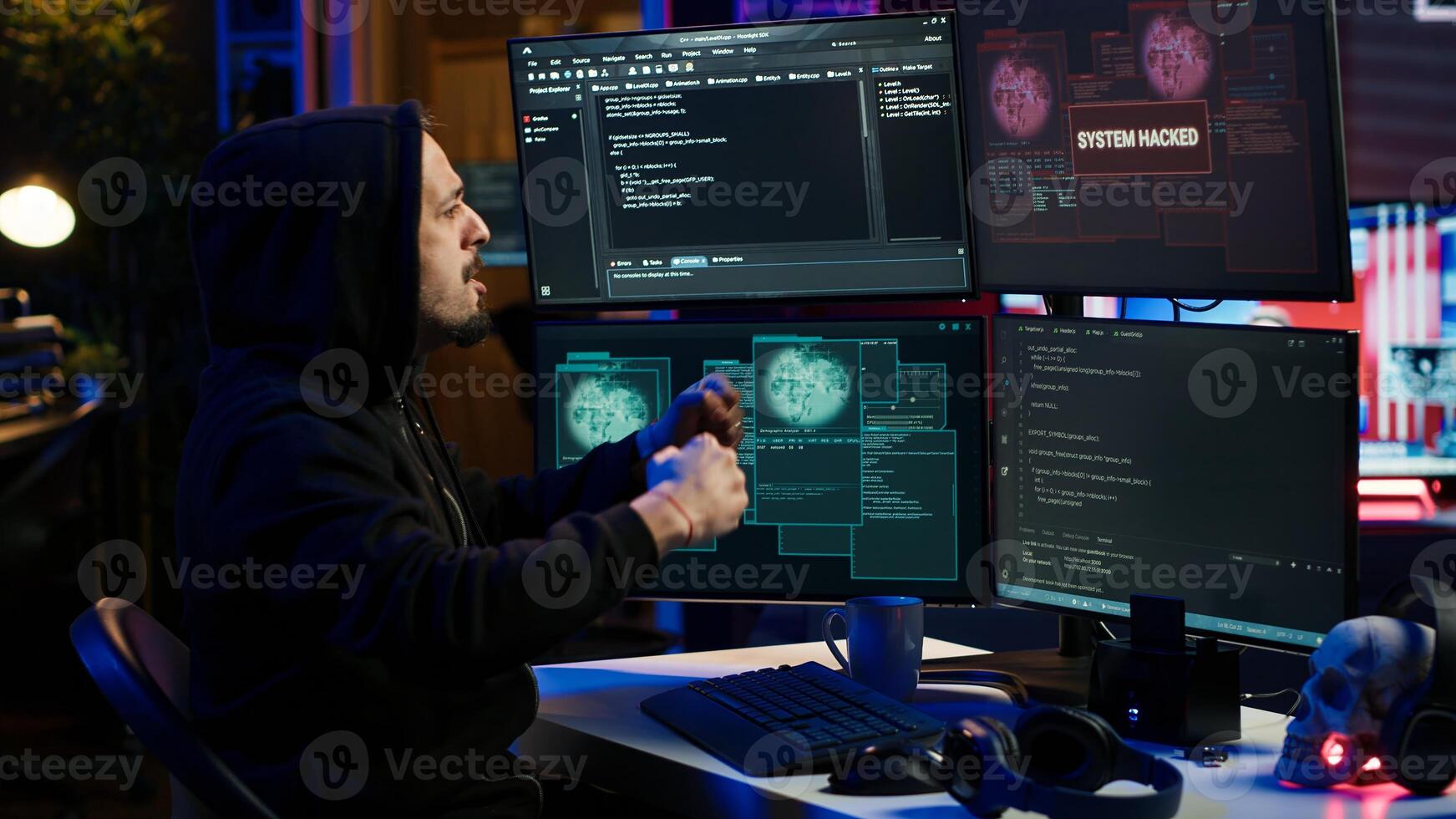 Cheerful hacker in apartment doing energic celebration after managing to steal sensitive data. Scammer happy after obtaining sensitive information from users using malware, camera A photo