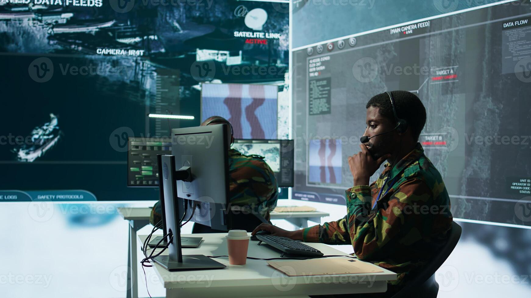 Army professional in uniform works in a mission control center, coordinating surveillance systems and processing intelligence data for operations. Ensuring strategic planning and defense. Camera B. photo