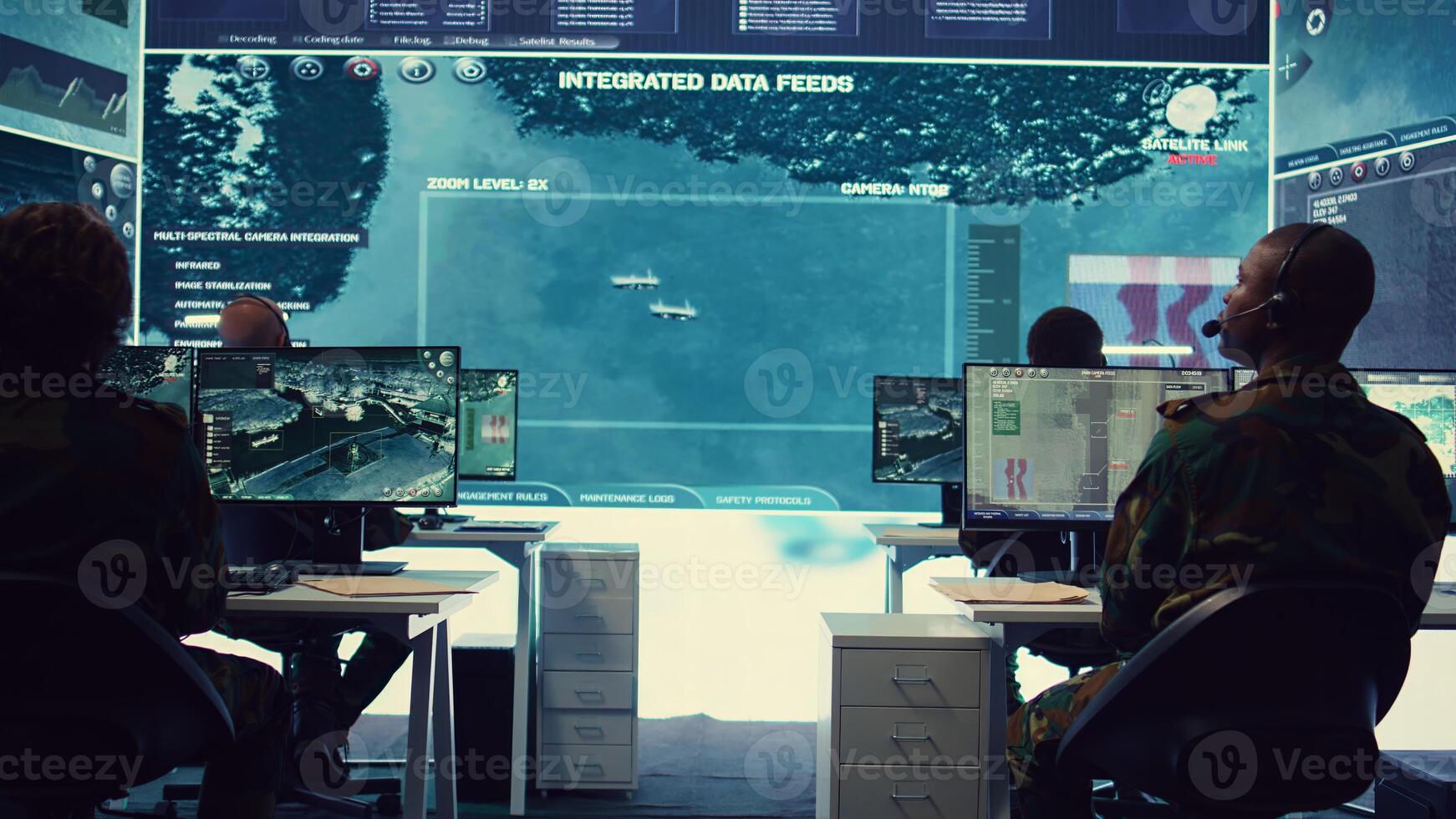 Team of national guard machinists operating on CCTV radar surveillance to examine every vessel approaching the coast line. Diverse military personnel ensuring safety and security. Camera B. photo