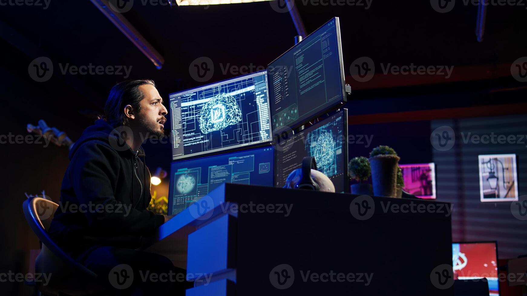 Hacker using artificial intelligence technology to write spyware software able to gather information from users. Scammer in apartment doing fraud using AI, close up, camera B photo