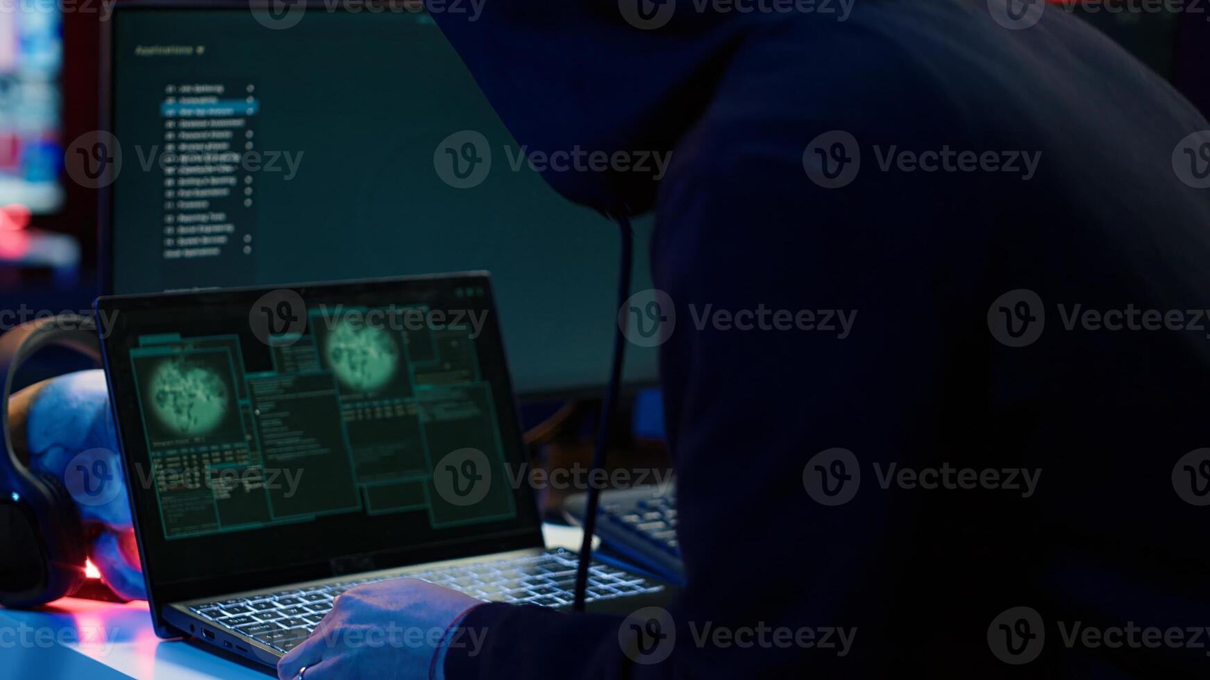 Hacker arriving in underground HQ with laptop in suitcase, ready to start coding malware. Cybercriminal opening notebook to exploit network backdoors and bypass security measures, close up, camera A photo