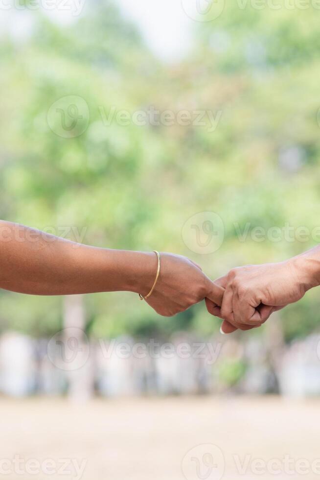 The Valentine couple are happily holding hands and taking a walk through the beautiful scenery of nature in the morning with love and care for each other. The concept of friendship, love and kindness photo