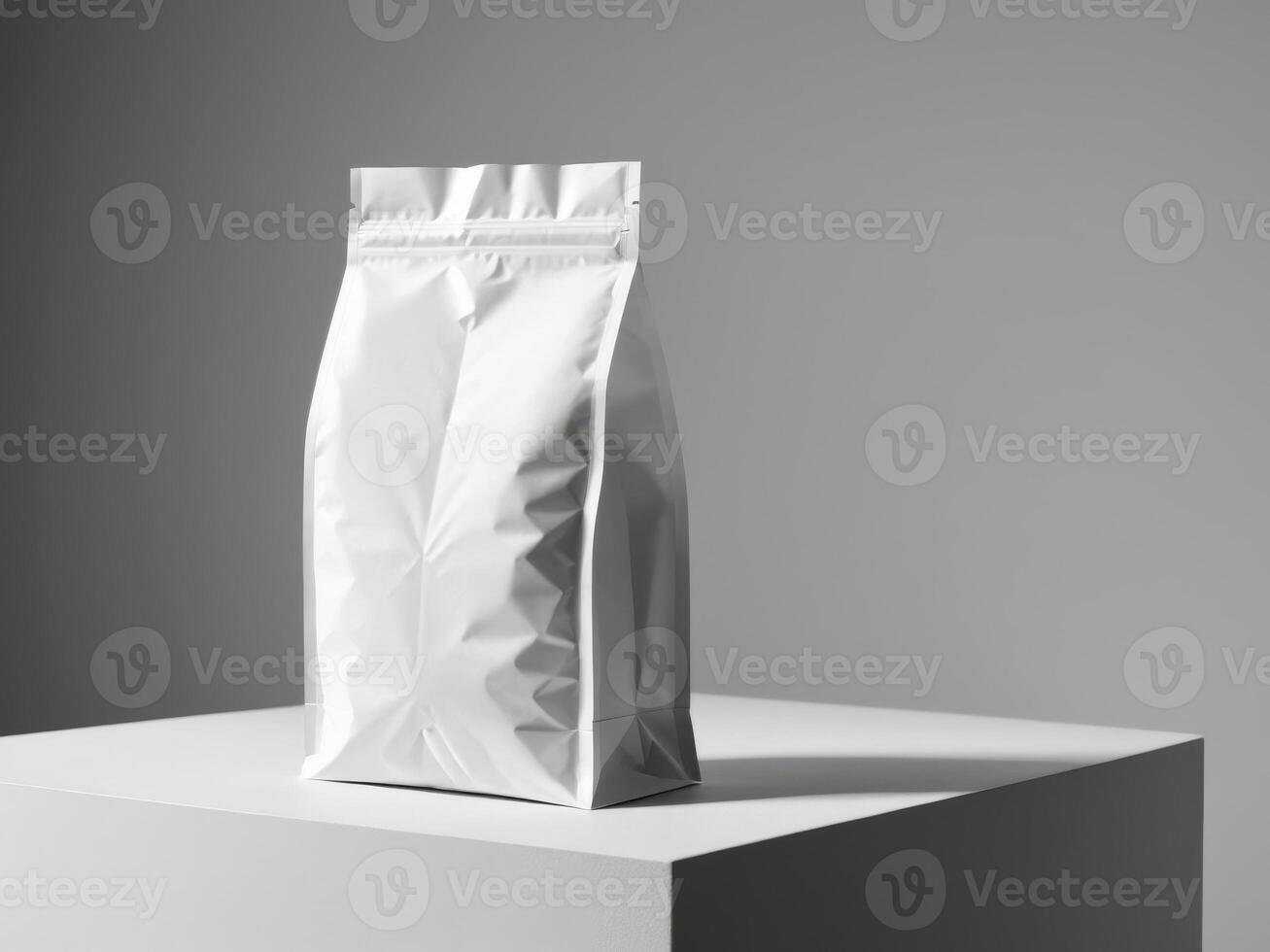 White paper doypack placed on podium on empty background. photo