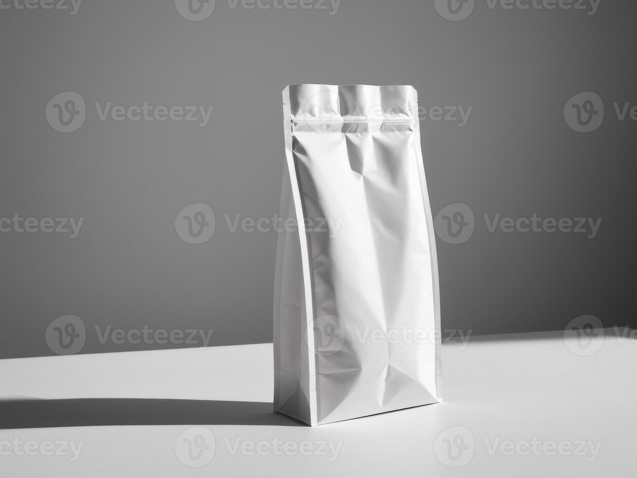 White paper doypack placed on podium on empty background. photo