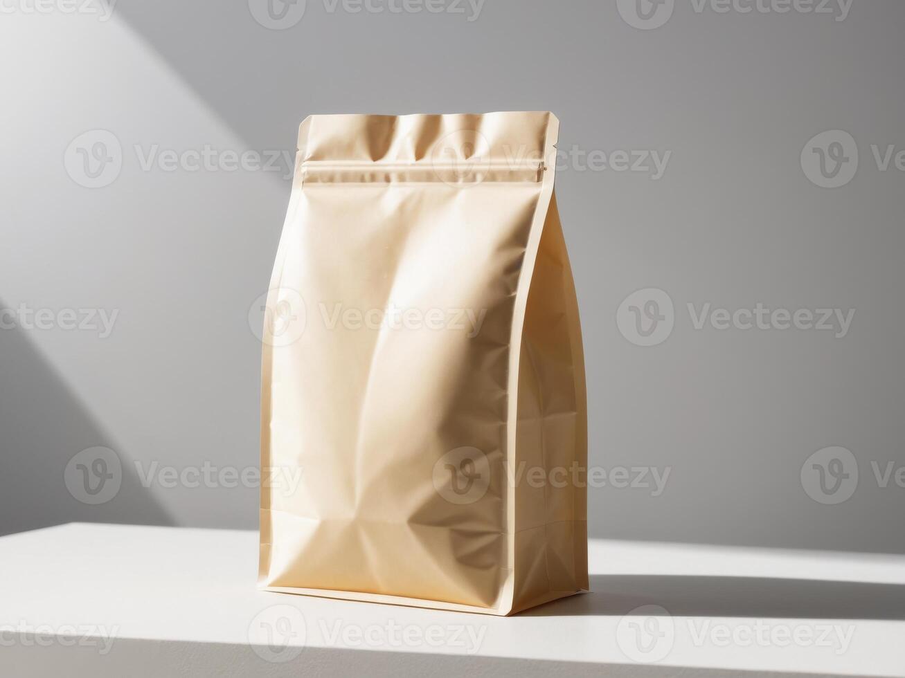 cream paper doypack placed on a podium on an empty background. photo