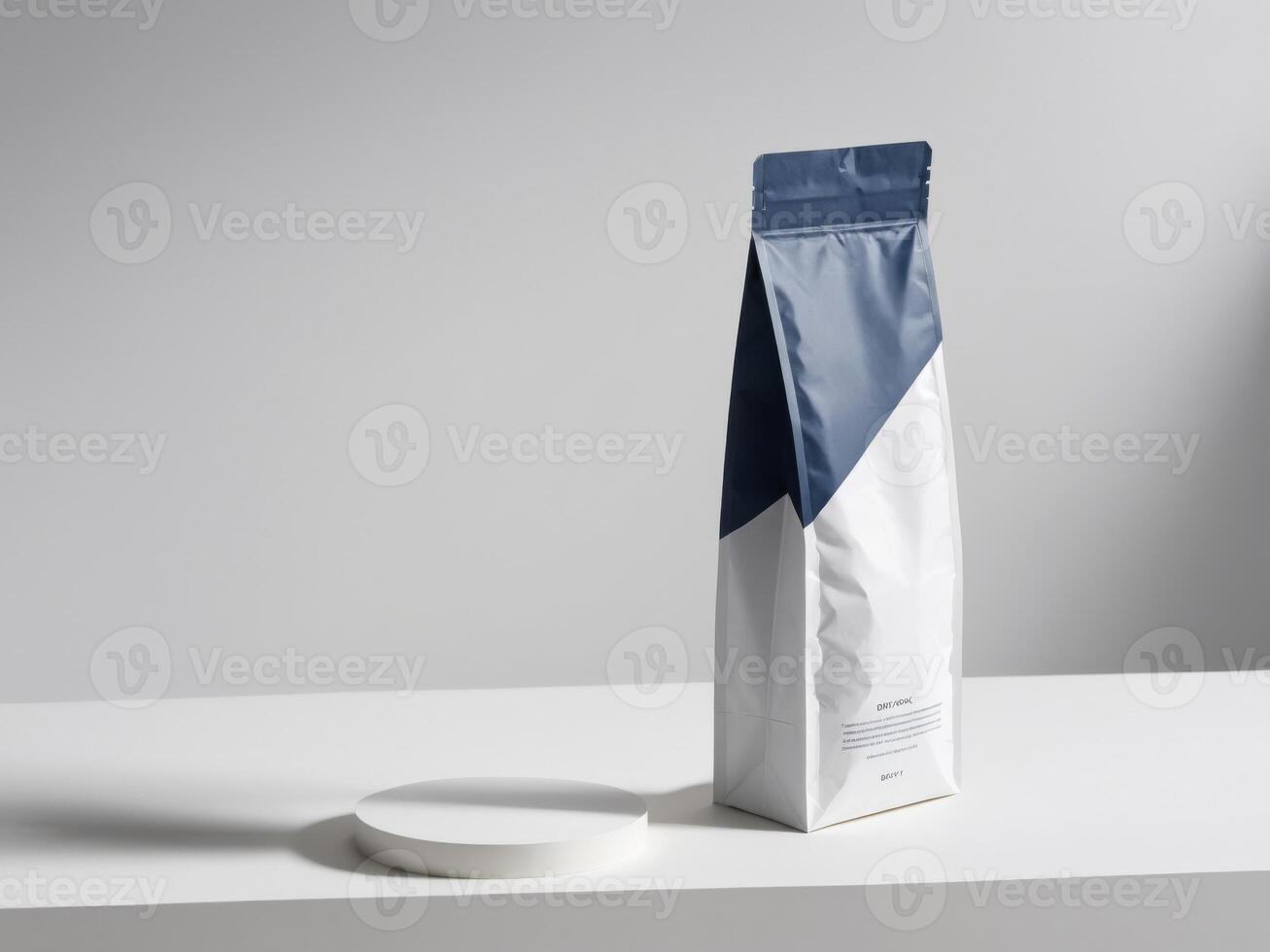 navy blue paper doypack placed on a podium on a blank background. photo