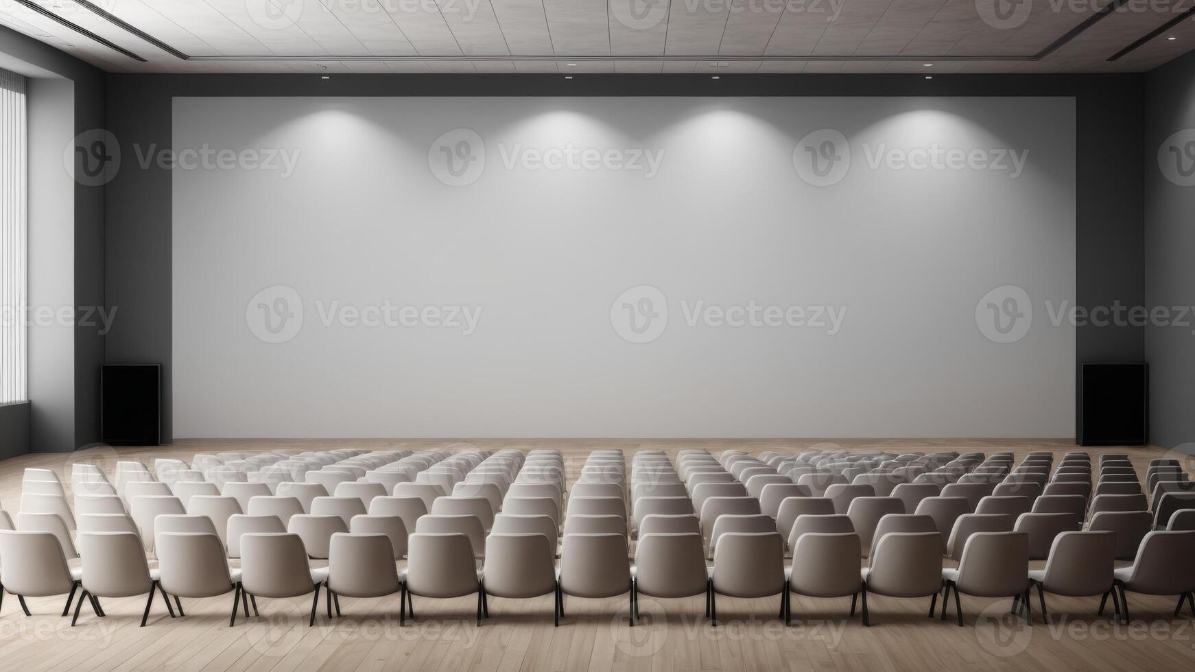 Interior of empty auditorium room with white walls and wooden floor. photo