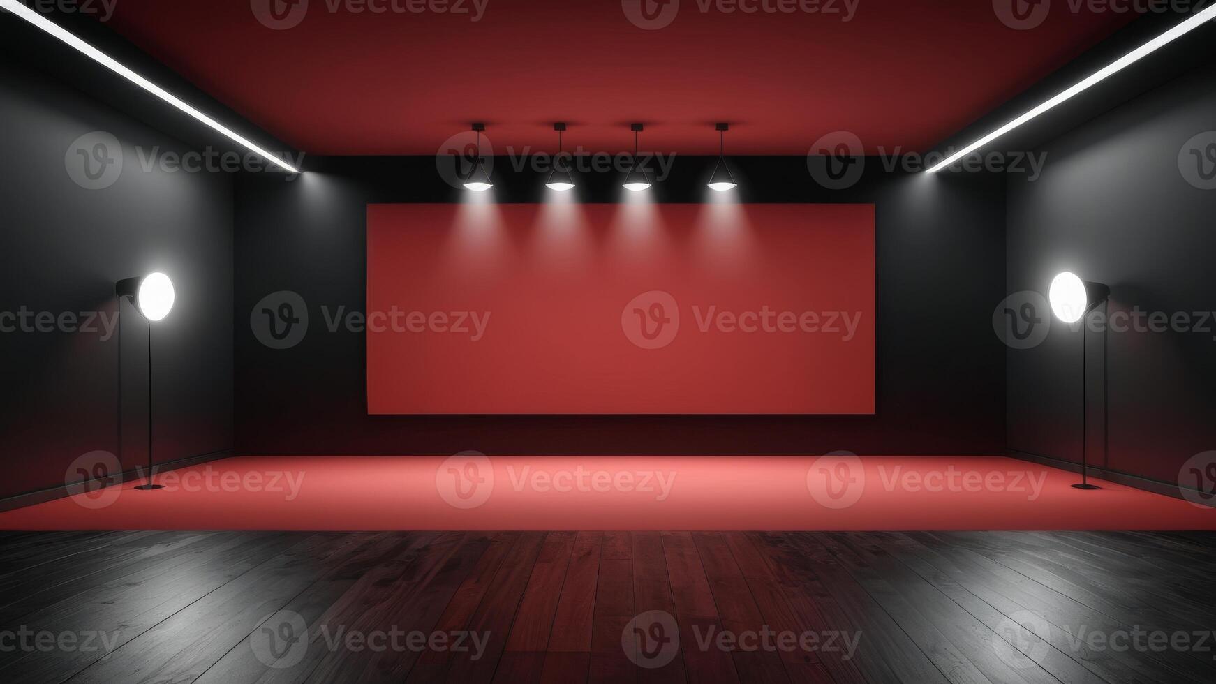 The interior of the empty auditorium with black and red walls and floors. photo