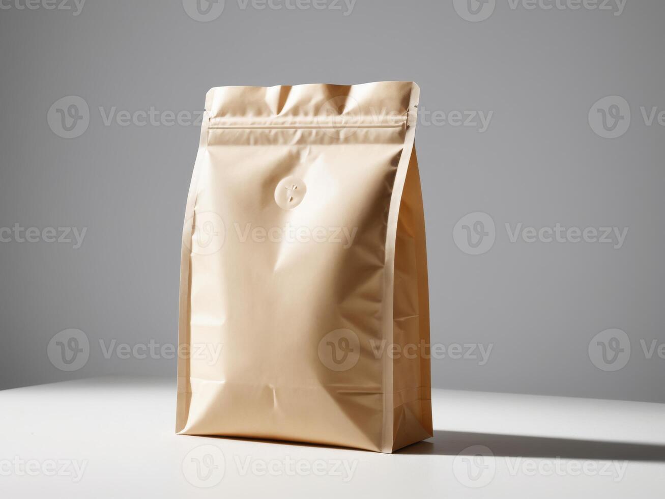 cream paper doypack placed on a podium on an empty background. photo