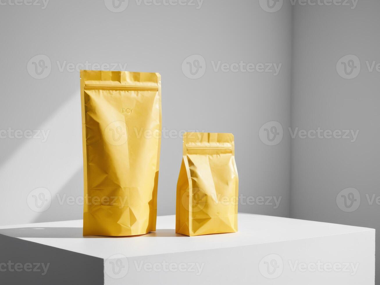 yellow paper doypack placed on a podium on an empty background. photo